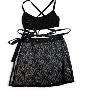 White Fox Black Sequin Sparkle Wrap Mini Skirt Set Cropped Medium Fairy Festival